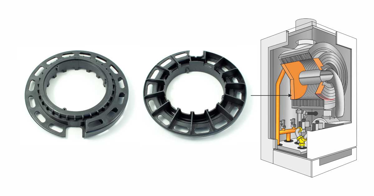 Caldaia a condensazione dotata di componenti realizzati con compound LATI resistenti al calore, alla pressione e ai fluidi aggressivi