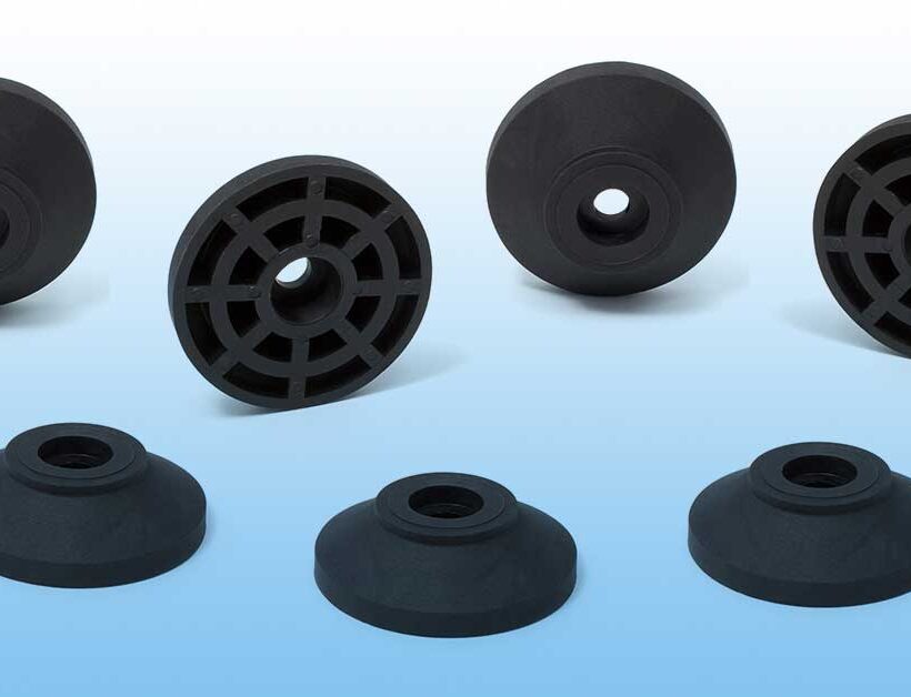 Piedino di livello realizzato con compound LATIOHM 62-03 PD01 G/20 Nero 3302 di LATI, materiale conduttivo rinforzato con fibra di vetro per applicazioni industriali antistatiche