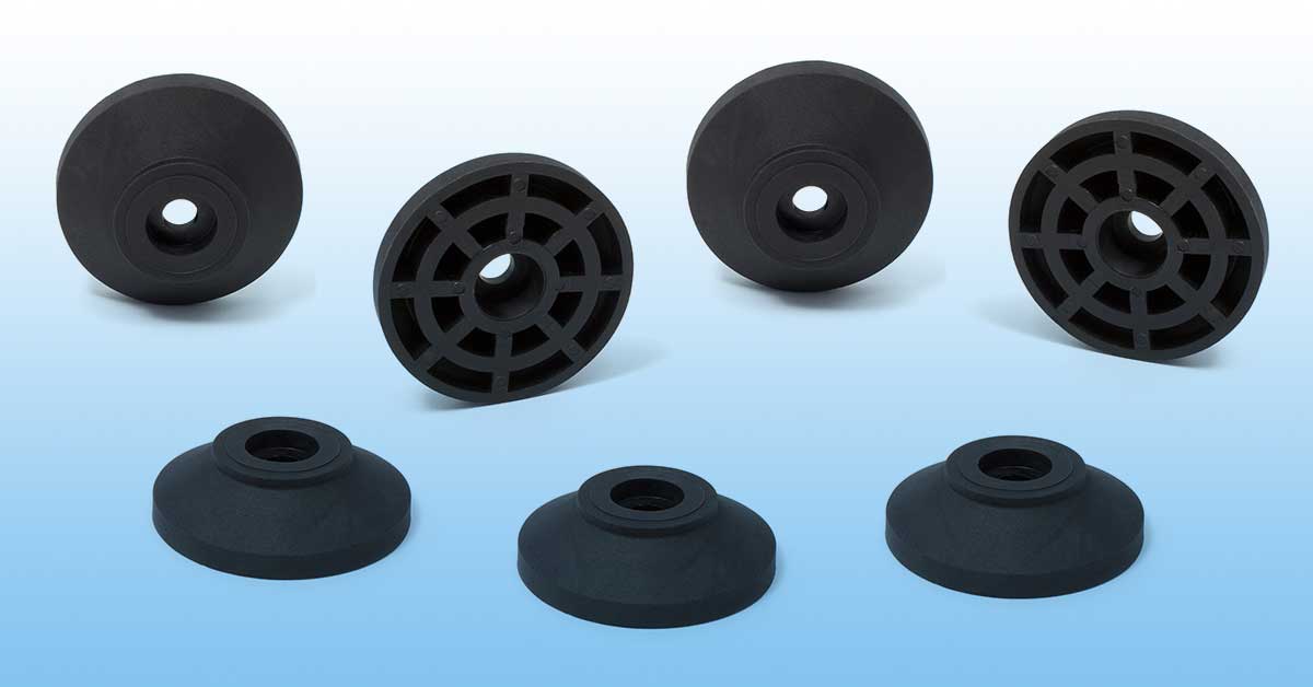 Piedino di livello realizzato con compound LATIOHM 62-03 PD01 G/20 Nero 3302 di LATI, materiale conduttivo rinforzato con fibra di vetro per applicazioni industriali antistatiche