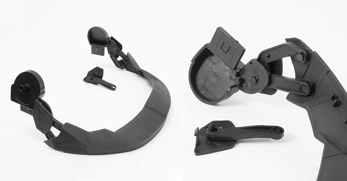 Opening mechanism for helmet produced with LATI compound with high mechanical resistance and dimensional stability to ensure safety and durability