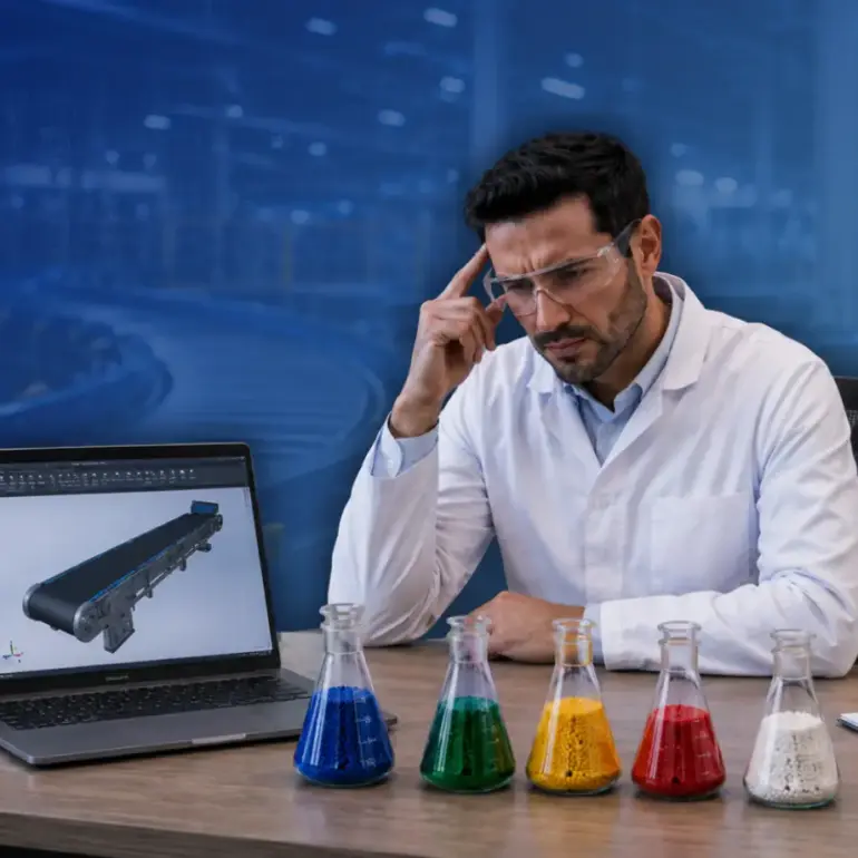 Materials for conveyor components: POM, PA, PBT, PPS and PEEK guide