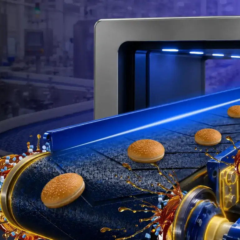 Industrial food conveyor belt with detectable, low-friction and antistatic plastic components for food conveyor systems