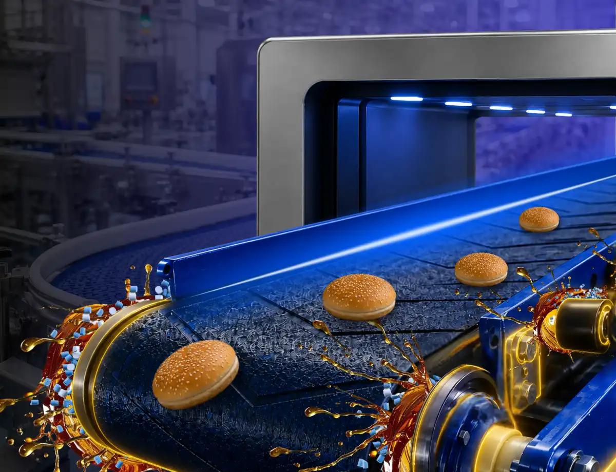 Industrial food conveyor belt with detectable, low-friction and antistatic plastic components for food conveyor systems