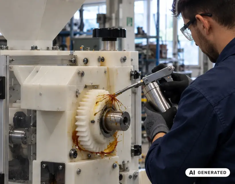 Tecnico che lubrifica un ingranaggio plastico prima della conversione al funzionamento a secco