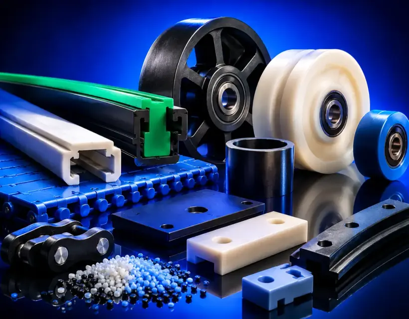 Componenti conveyor in materiali plastici autolubrificanti PTFE e PTFE-free per guide, rulli e boccole